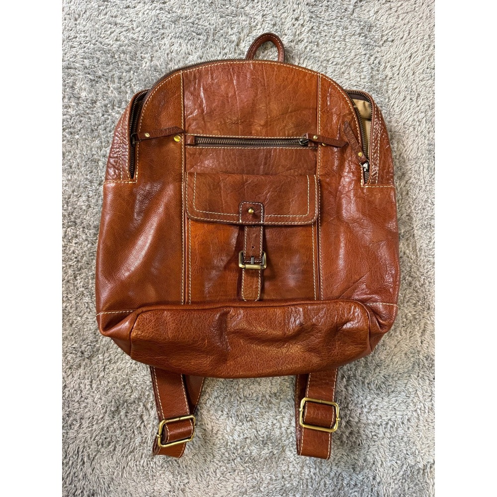 Roots Leather Backpack Cognac Brown Brass Hardware White Stitch Medium